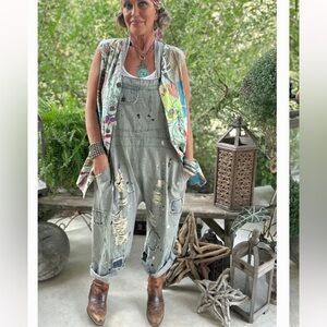 Jaded Gypsy Endless Travels Overalls - Blue Railroad Distressed blue stripe